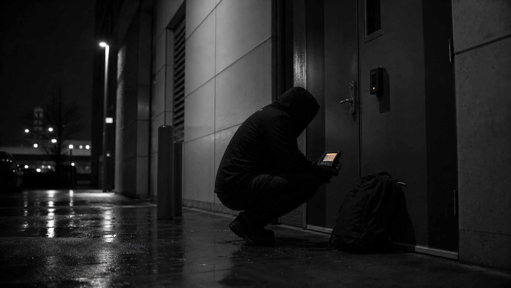 Specialista red teamu u dveří serverovny s přístupovou kartou a notebookem