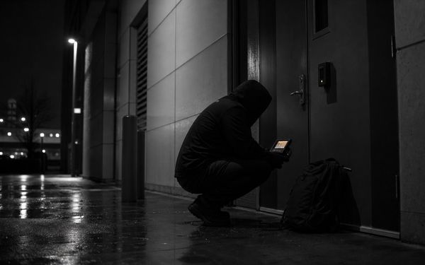 Specialista red teamu u dveří serverovny s přístupovou kartou a notebookem