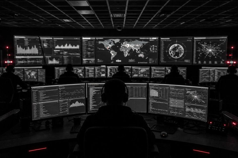 Dohledové centrum kybernetické bezpečnosti s analytiky a monitorovacími panely