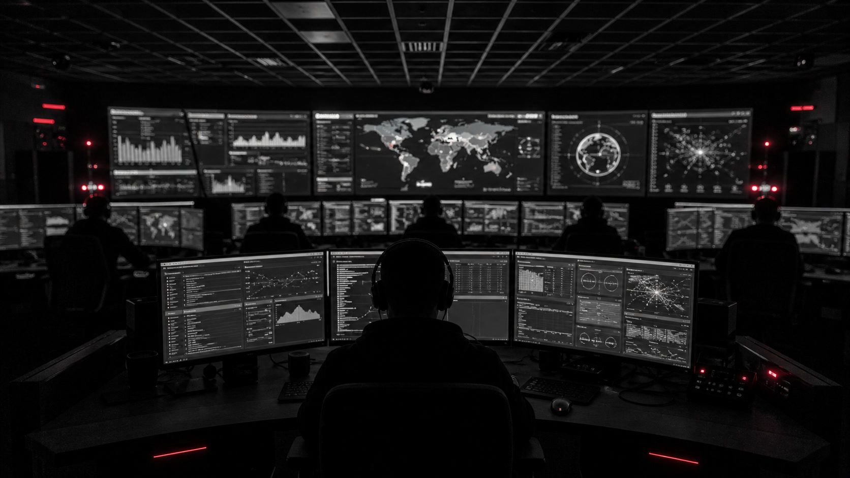 Dohledové centrum kybernetické bezpečnosti s analytiky a monitorovacími panely