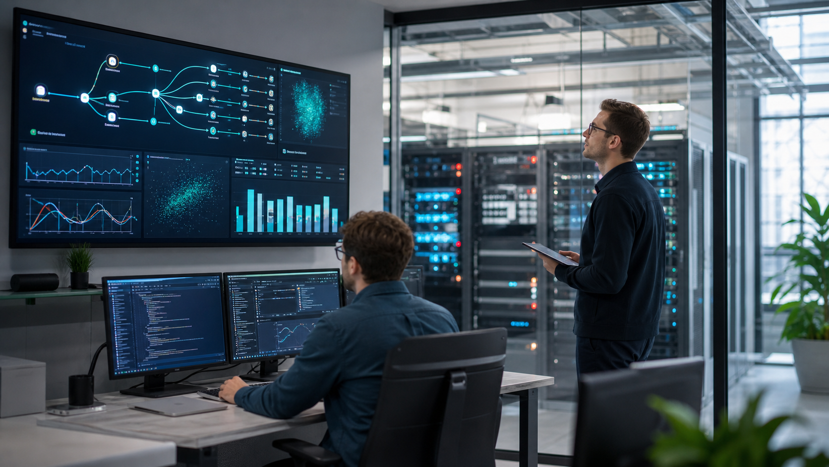 Řídicí místnost s velkoplošnou datovou vizualizací — přehled, který služby GBH Cyber vytvářejí
