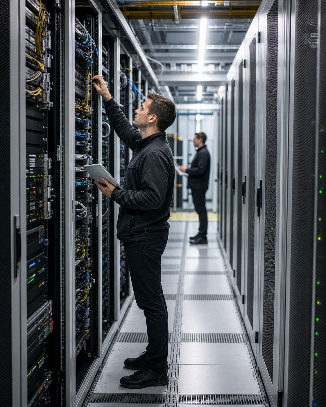 Interiér datového centra během kontroly infrastruktury