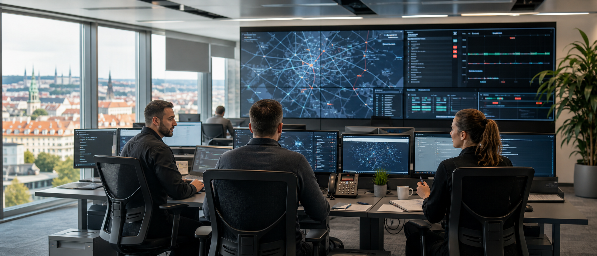 Denní bezpečnostní operační centrum GBH Cyber s analytiky u velkoplošných obrazovek