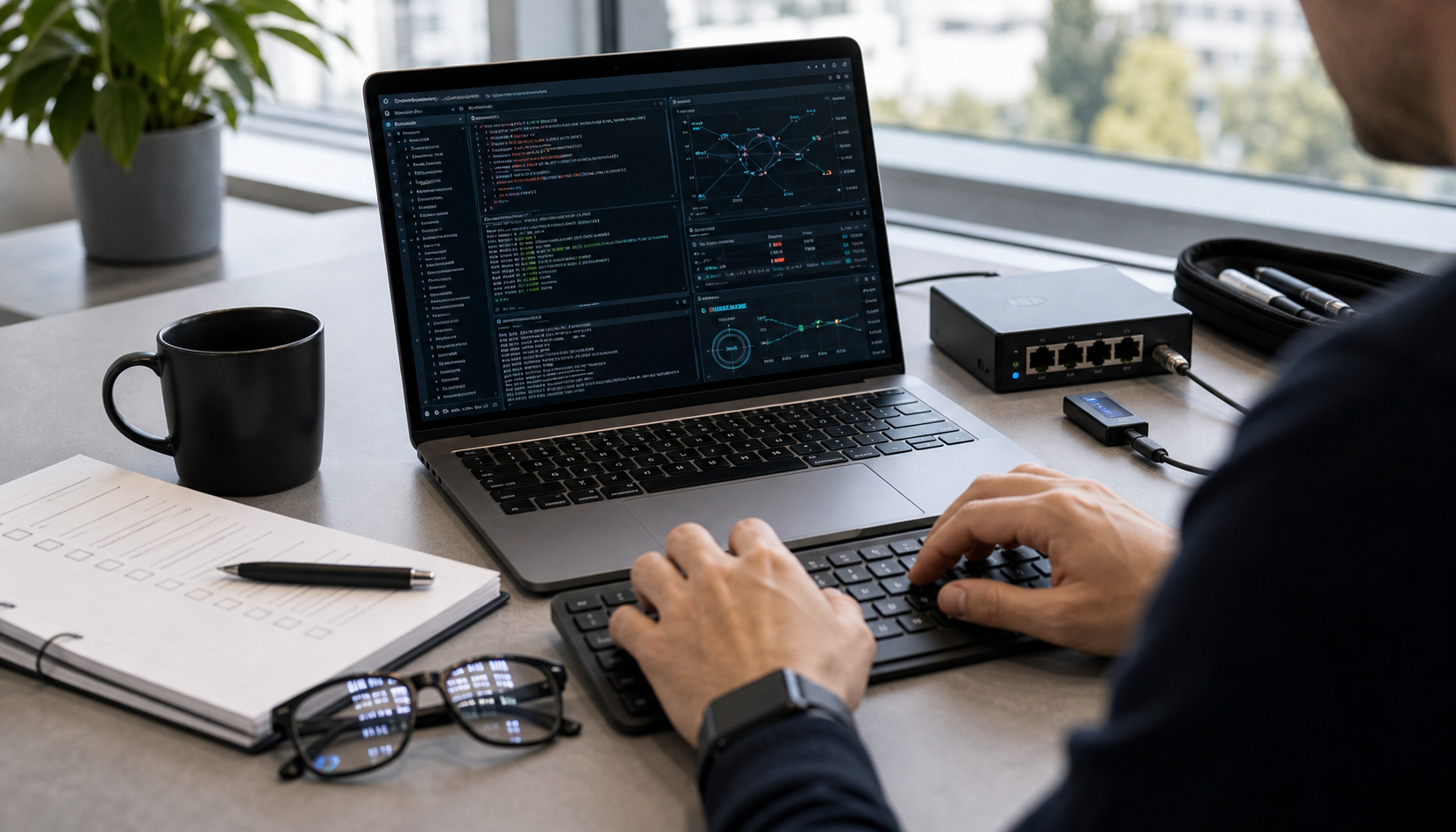 Penetrační tester pracuje u notebooku a monitorů v moderní kanceláři