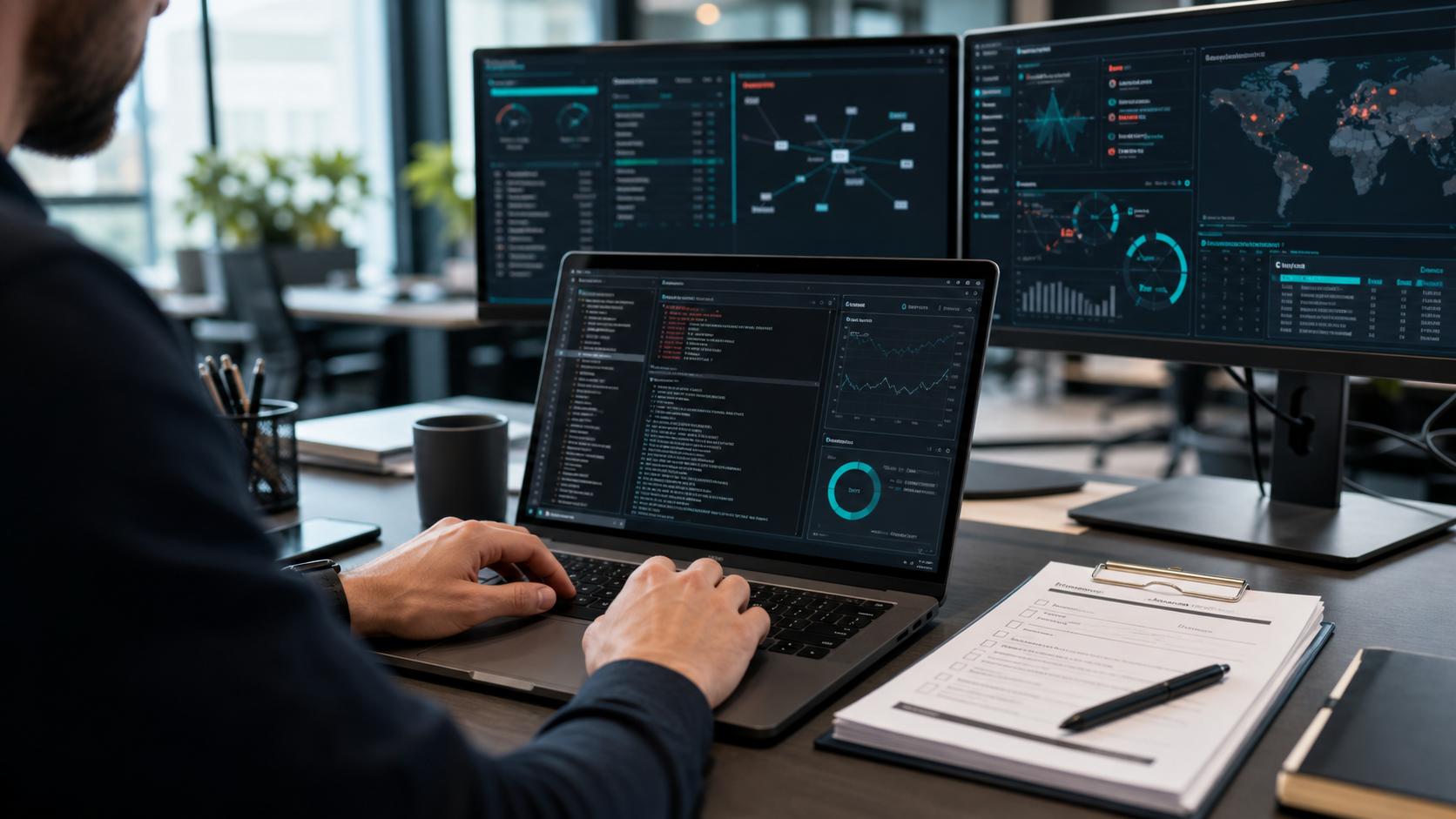 Analytik kybernetické bezpečnosti u světlého pracoviště s monitory
